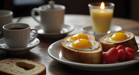 A romantic breakfast tray displays heart-shaped eggs and toast on a white plate, with a cup of coffee beside it.