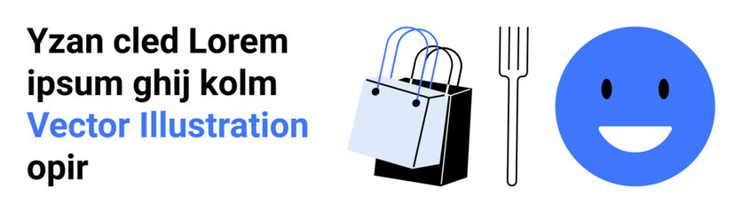 Shopping bag, smiling blue face, fork symbolizing retail, dining, satisfaction and lifestyle. Ideal for commerce, customer satisfaction, business, dining e-commerce shopping leisure flat landing