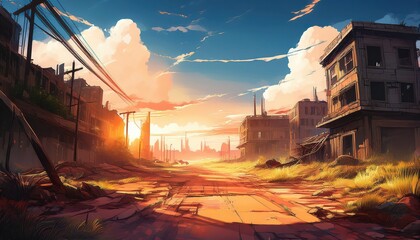 Abandoned Towns in a PostApocalyptic World Daytime Scene with Lens Flares and Dramatic Lighting Capturing the Melancholic Beauty of a Forgotten Landscape, Illuminated by Rays of Hope amidst