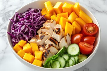 Healthy lunch bowl with grilled chicken, mango, and fresh vegetables