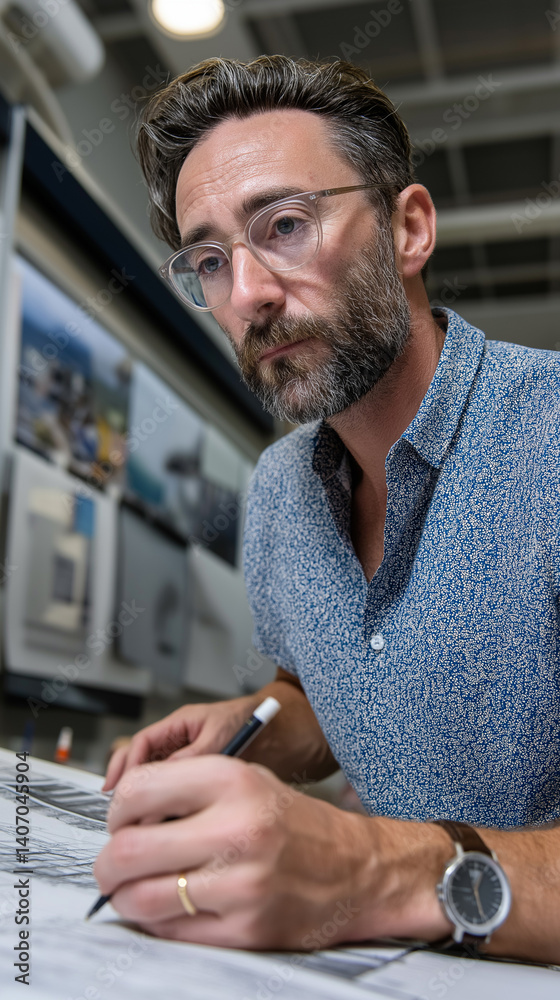 Poster in a contemporary design studio, a creative director diligently reviews design layouts, offering ins