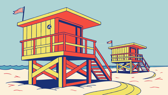 Flat color design of Miami’s South Beach lifeguard stands – Florida, USA
