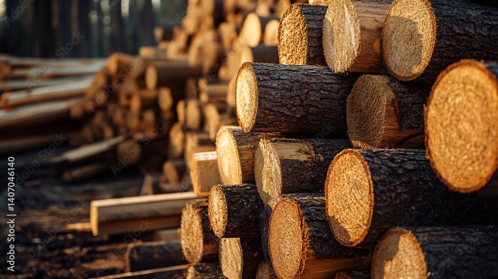 Aufkleber Stack of logs creating an appealing composition in golden hour light
