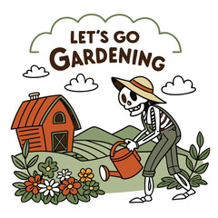 Obraz premium Cartoon Skeleton Gardener Watering Flowers In A Countryside Scene