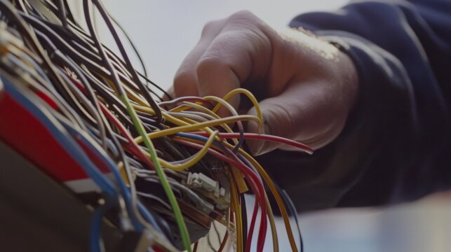 Laborer installing electrical wiring at a construction site. Featuring expertise and focus