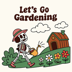 Cartoon Dog Gardening Illustration Watering Flowers In Garden With Retro Aesthetic