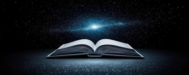 Open book under starry sky revealing universe of imagination concept. An open book against a cosmic background representing knowledge.