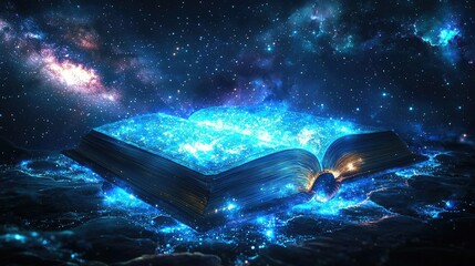Naklejka premium Open book under starry sky inspiring universe of learning concept. A mystical book glowing in the cosmos filled with stars and energy.