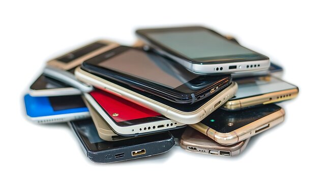 Pile Of Used Mobile Phones On White Background Tech Waste Concept Electronic Gadgets Recycling Initiative End Of Life Devices Refurbished Technology