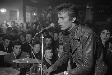 A male singer performs onstage with audience observing the performance