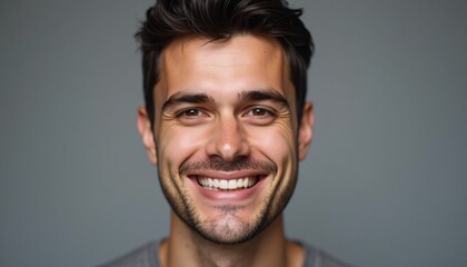 Obraz premium A man with a subtle smile, perfect teeth, and short black hair, gray gradient backdrop, tailored for dental and grooming campaigns.