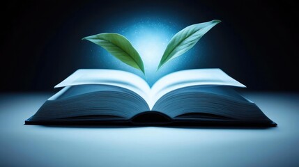 Open book under starry sky revealing universe of imagination concept. A book with green leaves symbolizes knowledge and growth.
