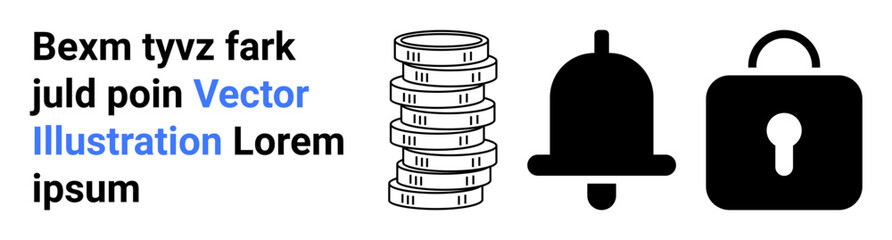Stacks of coins symbolize wealth, a notification bell suggests alerts, and a padlock represents security. Ideal for finance, alerts, savings, protection, notifications, digital systems simple