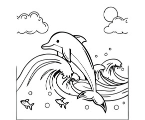 Playful Dolphin Leaping Ocean Waves Coloring Page Design