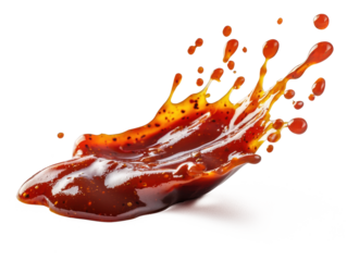 Chili sauce splash with droplets in motion on a solid white surface, high-detail transparent-style stock photo for recipe websites