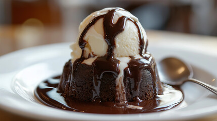 A carefully composed image showcasing exquisite dessert platter: a refined display of gelato, soy ice cream, dame blanche, sticky toffee pudding, chocolate pudding, flourless chocolate cake, sundae, g
