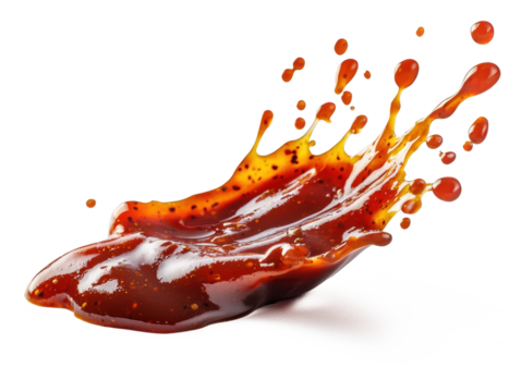 Chili sauce splash with droplets in motion on a solid white surface, high-detail transparent-style stock photo for recipe websites
