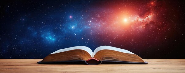 Open book under starry sky inspiring universe of learning concept. An open book revealing a cosmic background of stars and galaxies.