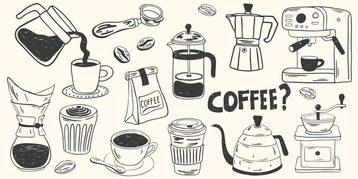 Hand drawn coffee chalk vector illustrations. Minimalist line art. Vector illustration of coffee icons crayon drawing style. Illustration for invitations, menus design, social media. La dolce vita.