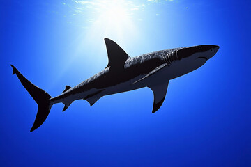 Obraz premium Silent shark glides through the deep ocean depths during daylight hours
