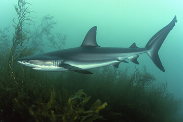Obraz premium Shark glides silently through the depths of the ocean in search of prey during a tranquil underwater moment