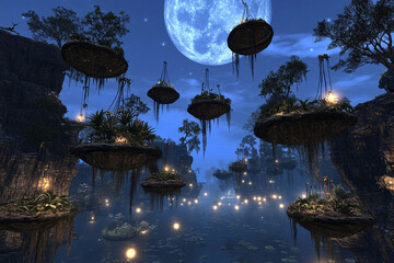 Moonlit lake with floating islands creates a tranquil and magical atmosphere at night