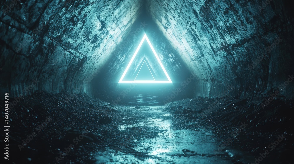 Poster a striking geometric figure glows in neon hues within a dimly lit tunnel. reflections on wet surface