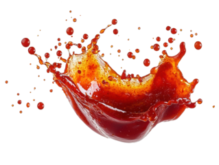Chili sauce splash with droplets in motion on a solid white surface, high-detail transparent-style stock photo for recipe websites
