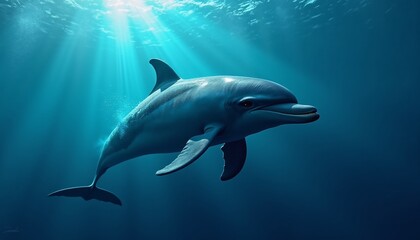 Detailed close up of a dolphin's fin breaking the surface, rescued from a fishing line, blue underwater glow, corporate manager silhouette on a boat, photorealistic.