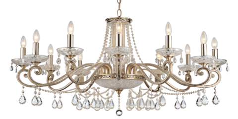 A stunning chandelier adorned with intricate crystal pendants is suspended gracefully from the ceiling, casting a warm and inviting light over an elegant room. The design showcases PNG transparent