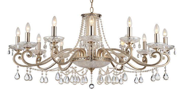 A stunning chandelier adorned with intricate crystal pendants is suspended gracefully from the ceiling, casting a warm and inviting light over an elegant room. The design showcases PNG transparent