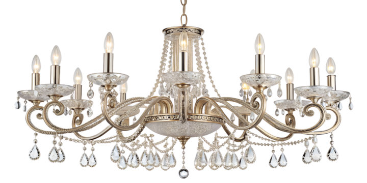 A stunning chandelier adorned with intricate crystal pendants is suspended gracefully from the ceiling, casting a warm and inviting light over an elegant room. The design showcases PNG transparent