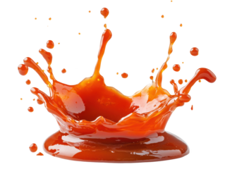 Chili sauce splash with droplets in motion on a solid white surface, high-detail transparent-style stock photo for recipe websites