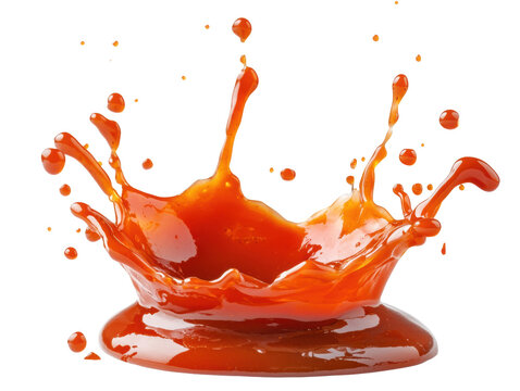 Chili sauce splash with droplets in motion on a solid white surface, high-detail transparent-style stock photo for recipe websites