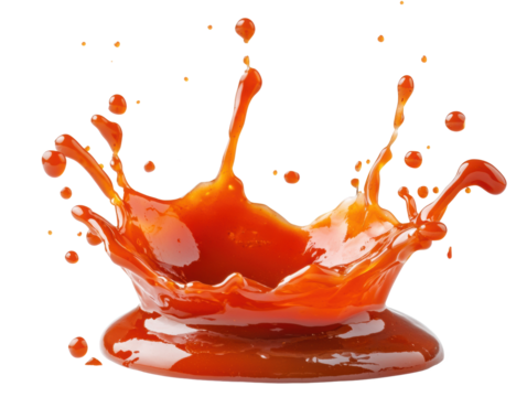 Chili sauce splash with droplets in motion on a solid white surface, high-detail transparent-style stock photo for recipe websites