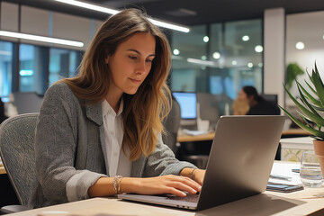 Woman Working on Laptop in Corporate Office – Dressed in Work Clothes