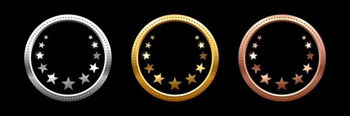 Gold, silver and bronze circular award frames with glowing stars on black background. Shiny metallic rings symbolizing first, second and third place. Luxury badge set. Abstract vector illustration.
