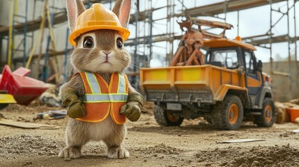 A fluffy rabbit stands confidently in a construction site, wearing a bright safety vest, hard hat, and tiny work gloves. With ears perked and eyes focused, it radiates readiness and professionalism.