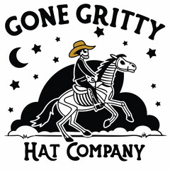 Gone Gritty Hat Company Logo Illustration Of A Skeleton Cowboy Riding Horse