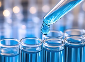 hands in blue gloves holding test tubes with blue liquid in laboratory for science research and medical development