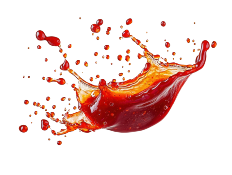 Chili sauce splash with droplets in motion on a solid white surface, high-detail transparent-style stock photo for recipe websites