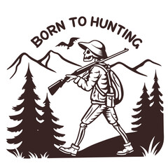 Skeleton Hunter With Rifle In Forest Landscape Illustration For Clothing Designs