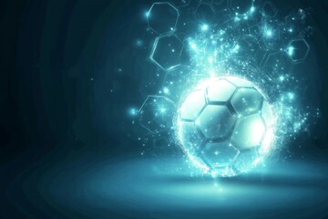 Fototapeta premium Football championship light background. Vector illustration of abstract glowing neon colored soccer ball and hexagon grid pattern over blue background