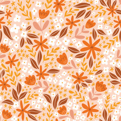 Vector floral seamless pattern in hand-drawn style. Boho summer flowers repeat background in pink colors. Botany ditsy seamless fabric design.