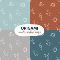 Vector origami seamless pattern.  Geometrical line animals fabric design. Set of four stylish seamless patterns. 
