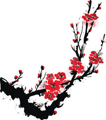 Realistic Sakura Blossom - Japanese Cherry Tree. Artistic Branch Plum Blossom. Vector