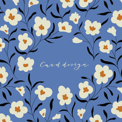 Stylish vector floral greeting card. Wedding invitation or brochure template with place for text. White flowers on blue background. 