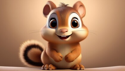 Adorable 3D Chipmunk A Captivating Cartoonish Mammal with Big Expressive Eyes and Fluffy Fur Sits in a Vibrant Forest Environment, Exuding Playful Energy and Charm.