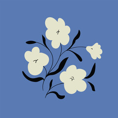 Vector floral illustration in hand-drawn style. Stylized white flowers on blue background. Blooming garden card design.