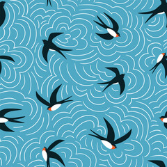 Stylized swallows on turquoise background. Vector bird seamless pattern design with line clouds for kids fabric or wallpaper.  Line art repeat background.